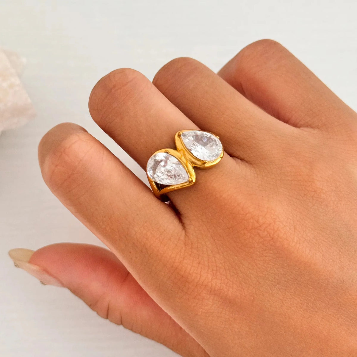 Juliet gold toi-et-moi ring with two pear cut stones, view 4