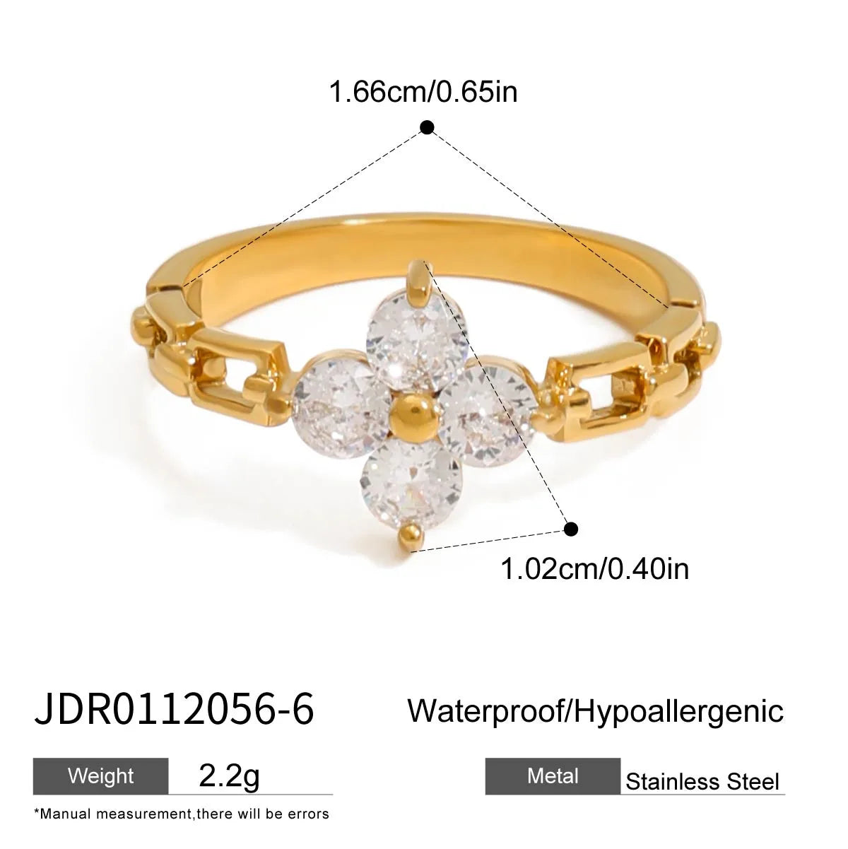 Lucie gold chain link band ring with a clover of clear stones, view 2