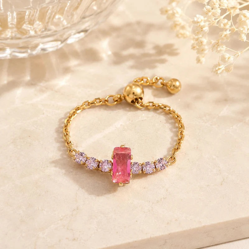 Rosa gold chain ring with pink rectangle and small pink stones, view 2