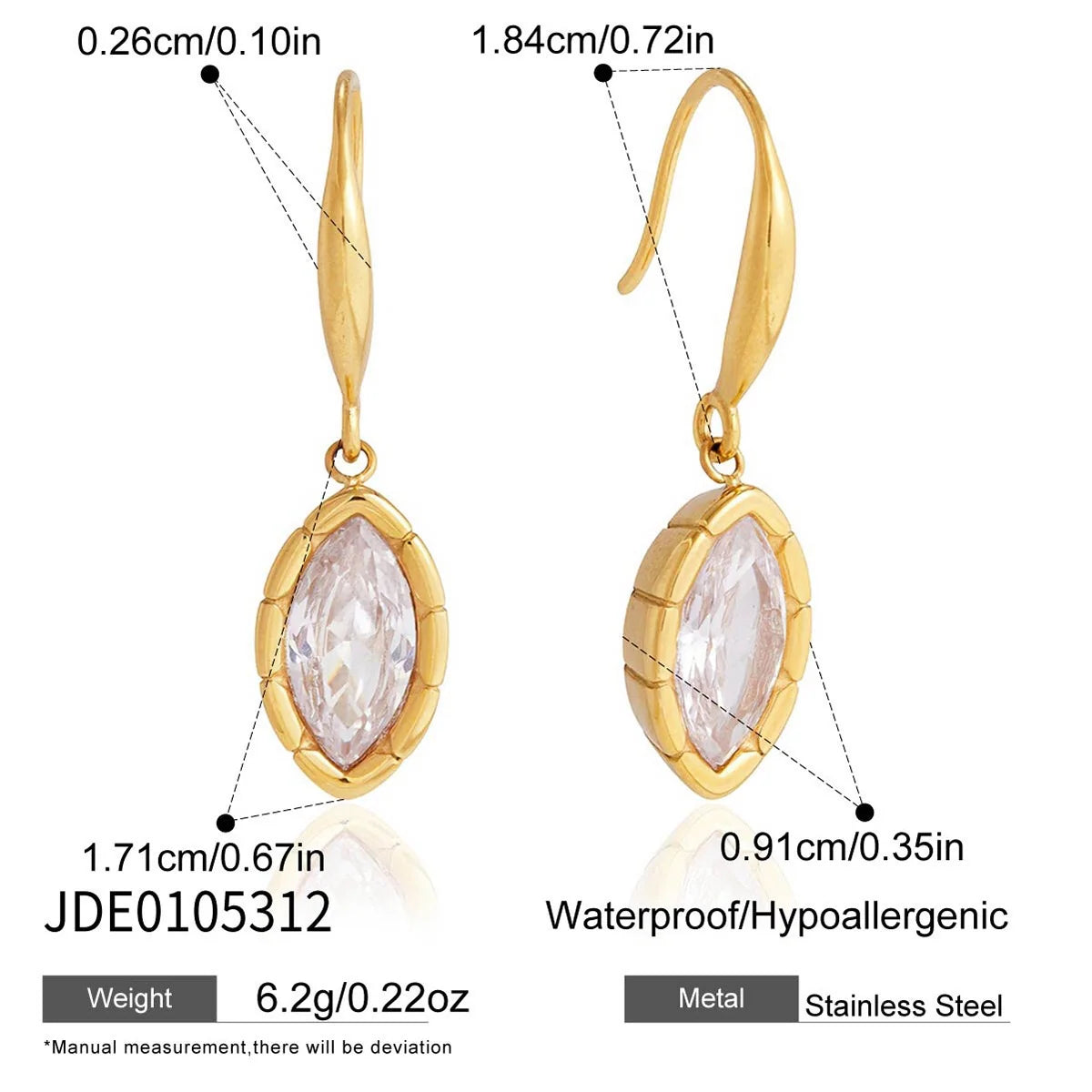 Vivienne gold hook earrings with framed marquise crystal, size and dimensions