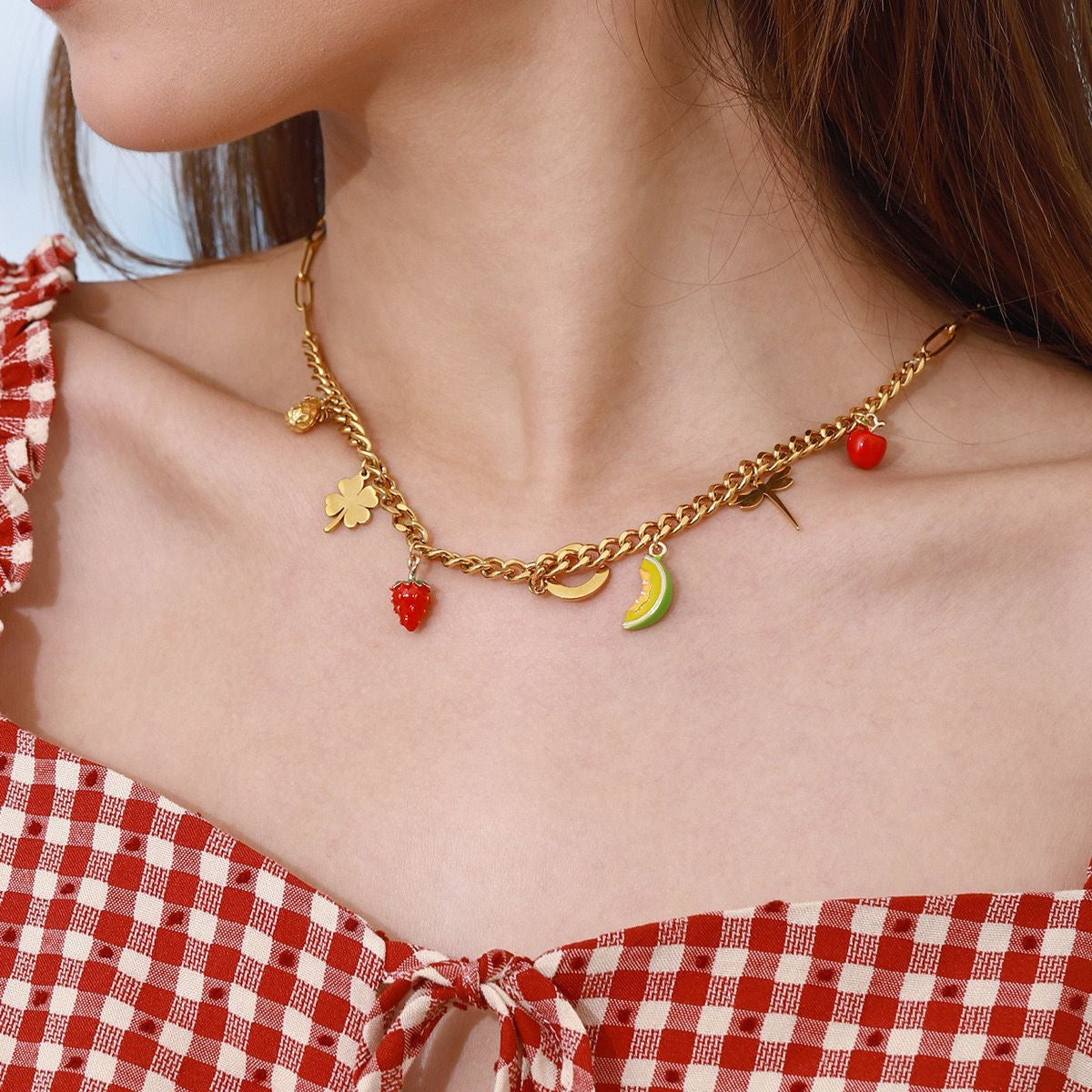 Mulan Fruity Charm Necklace (Strawberry & Pineapple)