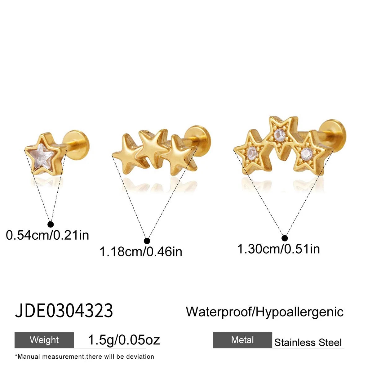 Astrid gold star cluster stud earring set with crystals, size and dimensions
