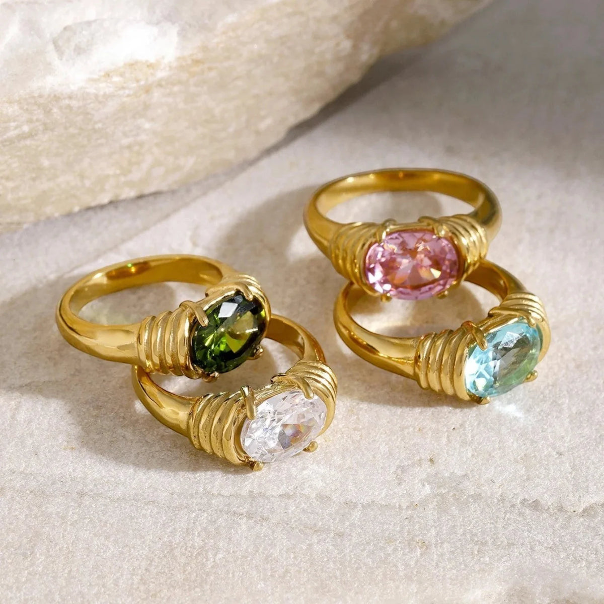 Molly ribbed gold ring with a green oval stone, view 4