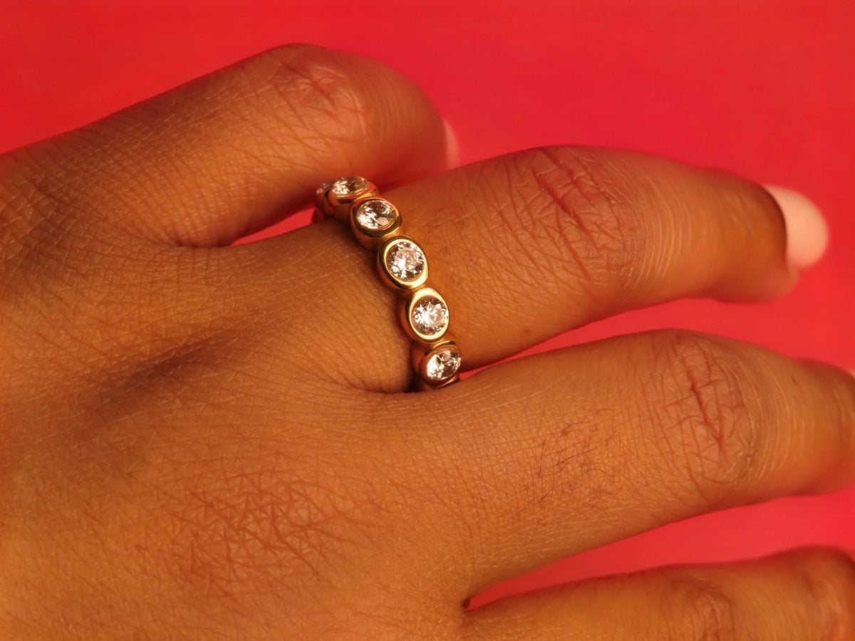 Lydia gold eternity band with bezel-set round stones, view 3