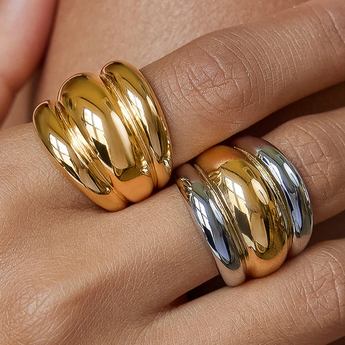 Maeve chunky two-tone gold and silver dome stack ring, view 3