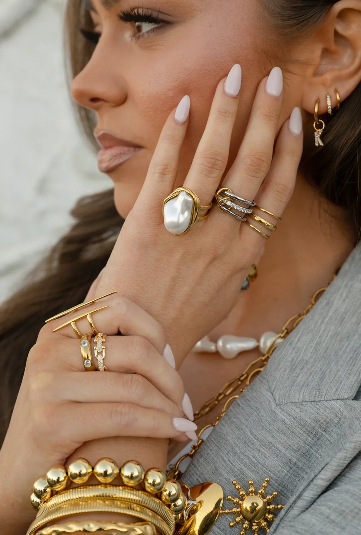 Tamsin three interlocking silver rings with gold links and stones, view 3