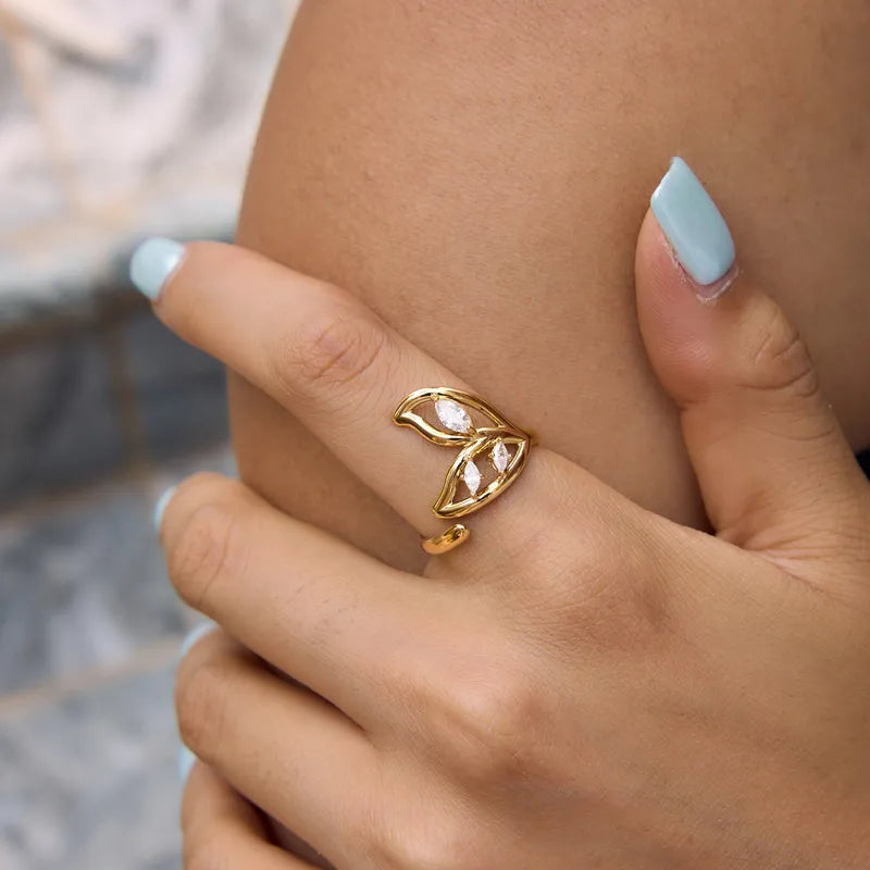 Willow gold leaf ring with marquise clear stones, view 5