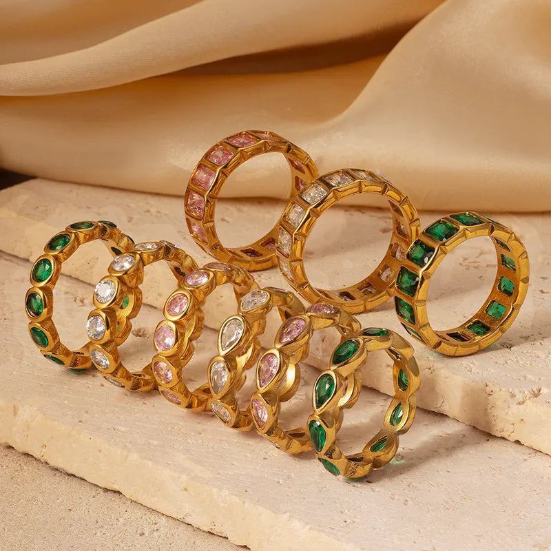 Fern gold eternity band with round green stones, view 3