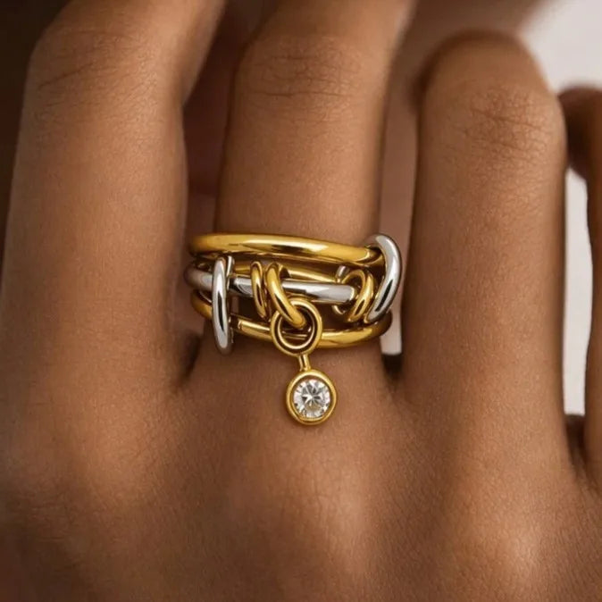 Odile gold triple interlocked band ring with a drop charm, view 4