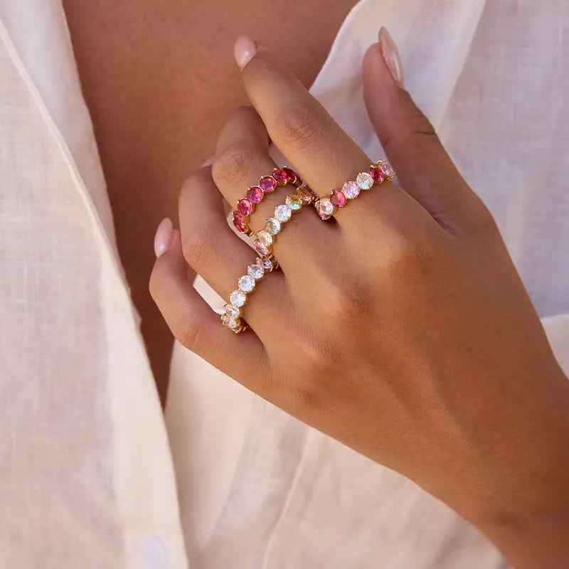 Elara gold eternity band with pastel multi-coloured stones, view 3