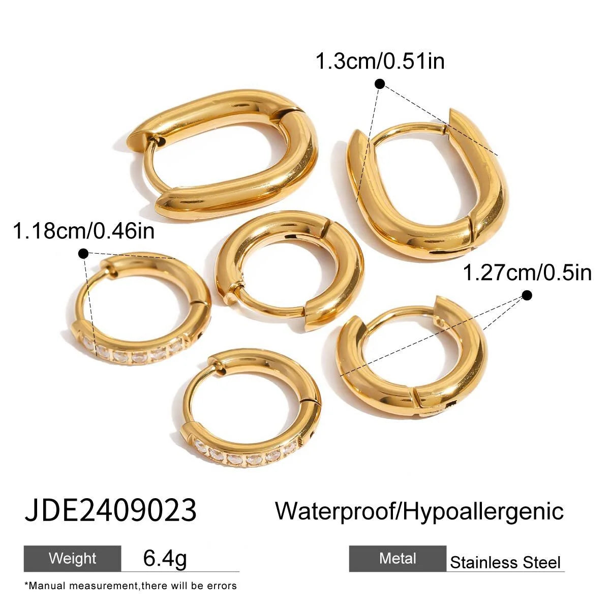 Jemima five pair gold hoop earring set with oval hoops and pave huggies, size and dimensions