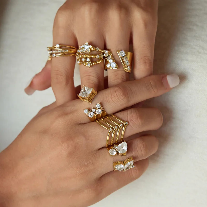 Freya gold chevron multi band ring with small stones, view 3