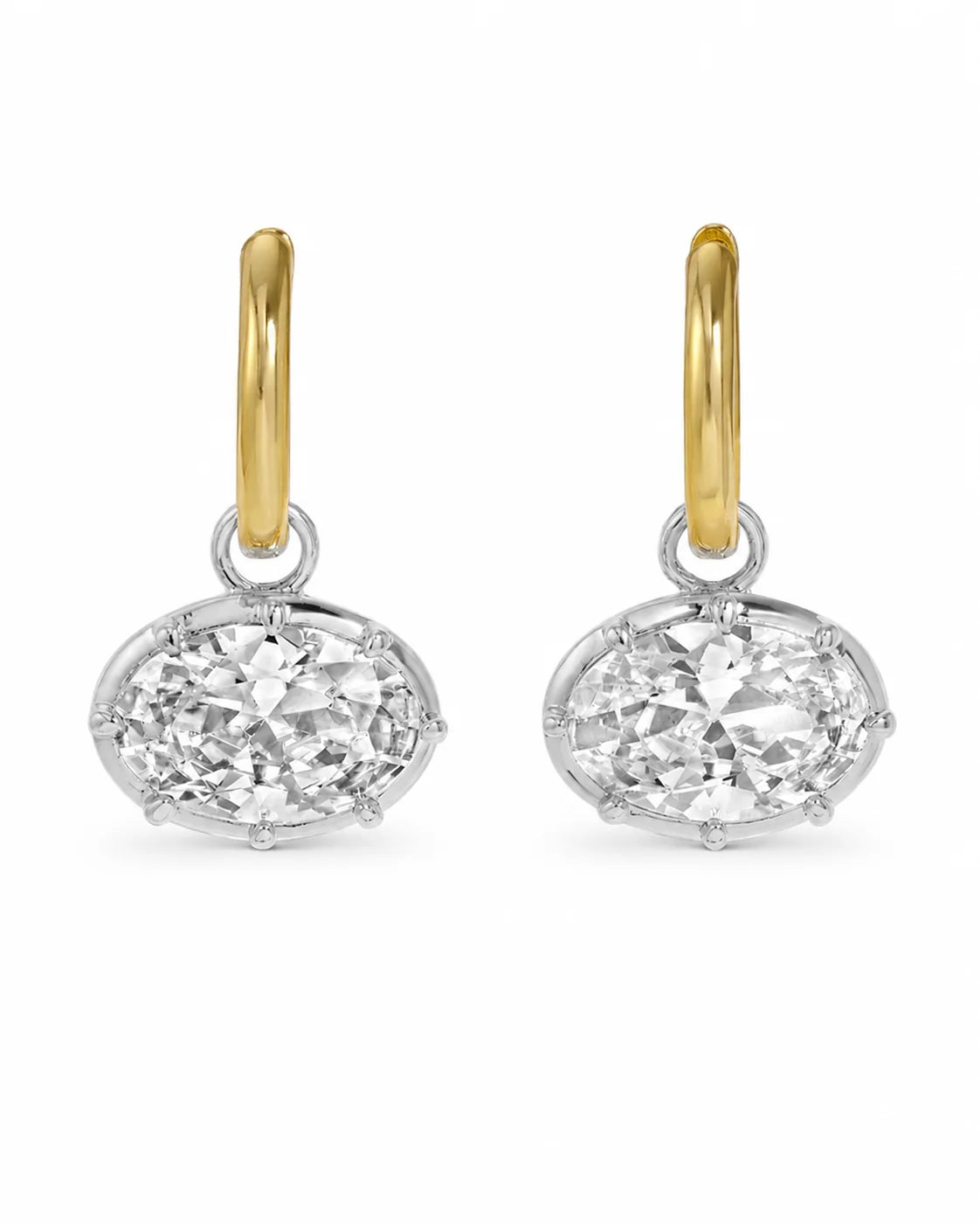 Genevieve two tone huggie earrings with large oval crystal in silver setting