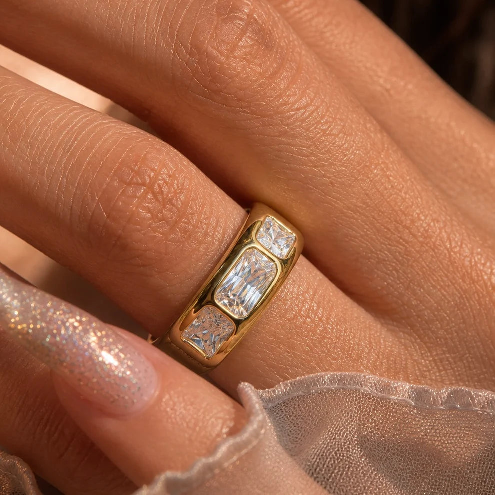 Bonnie chunky gold band with clear rectangle stones, view 3