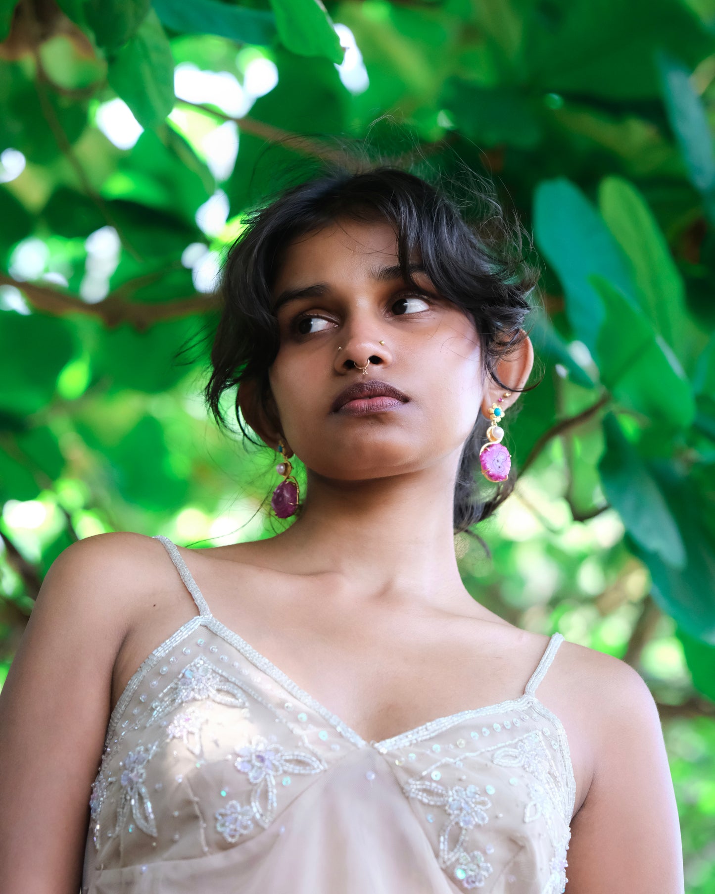 Ocean's Whispers Agate Gemstone Earrings (Magenta)