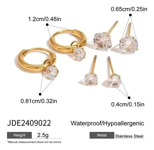 Carys gold earring set with crystal drop hoops and crystal studs, size and dimensions