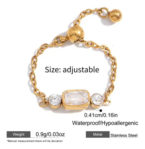 Chloe gold chain ring with a rectangle stone and two round stones, view 2
