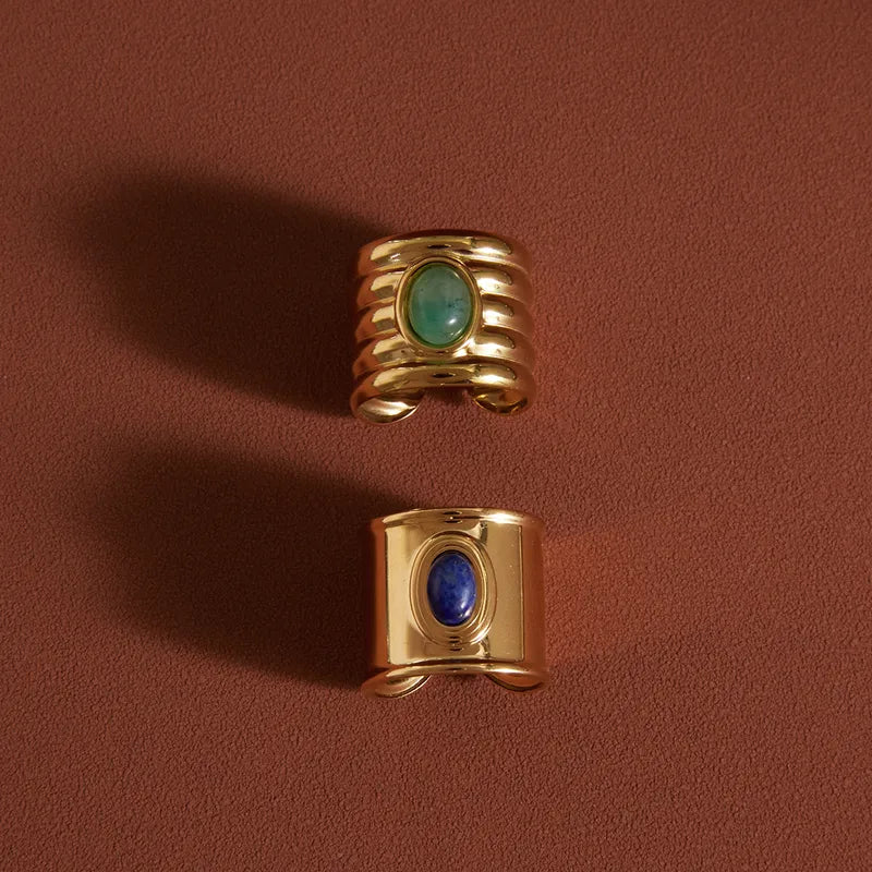 Olive chunky ribbed gold ring with a green oval stone, view 3