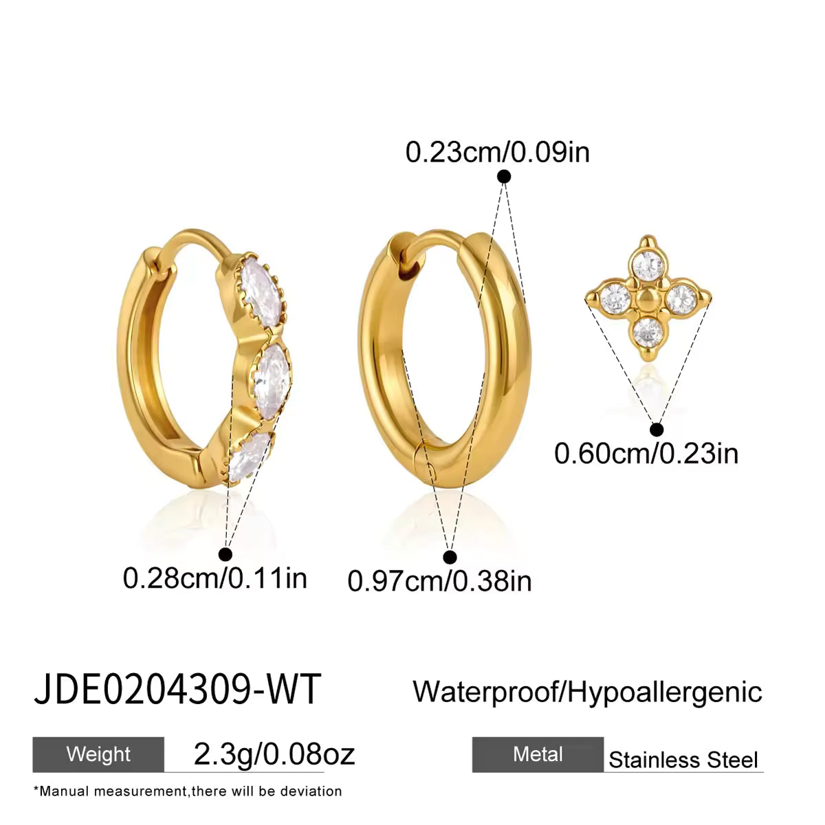 Cecily three piece gold earring set with plain hoop, clear marquise huggie and crystal flower stud, size and dimensions