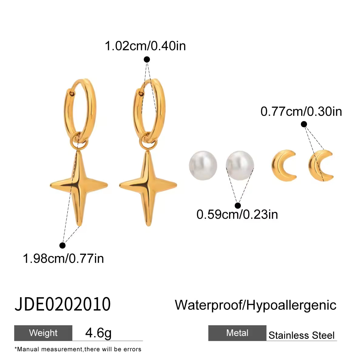 Maribel gold earring set with star charm hoops, pearl studs and moon studs, size and dimensions