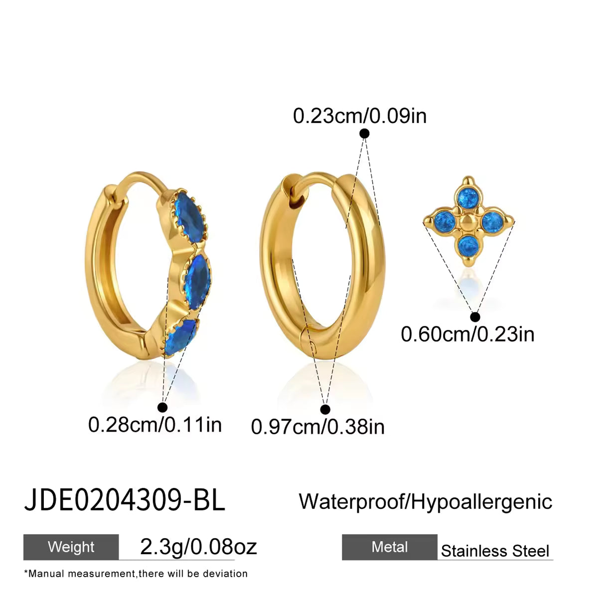 Cecily three piece gold earring set with plain hoop, blue marquise huggie and blue flower stud
