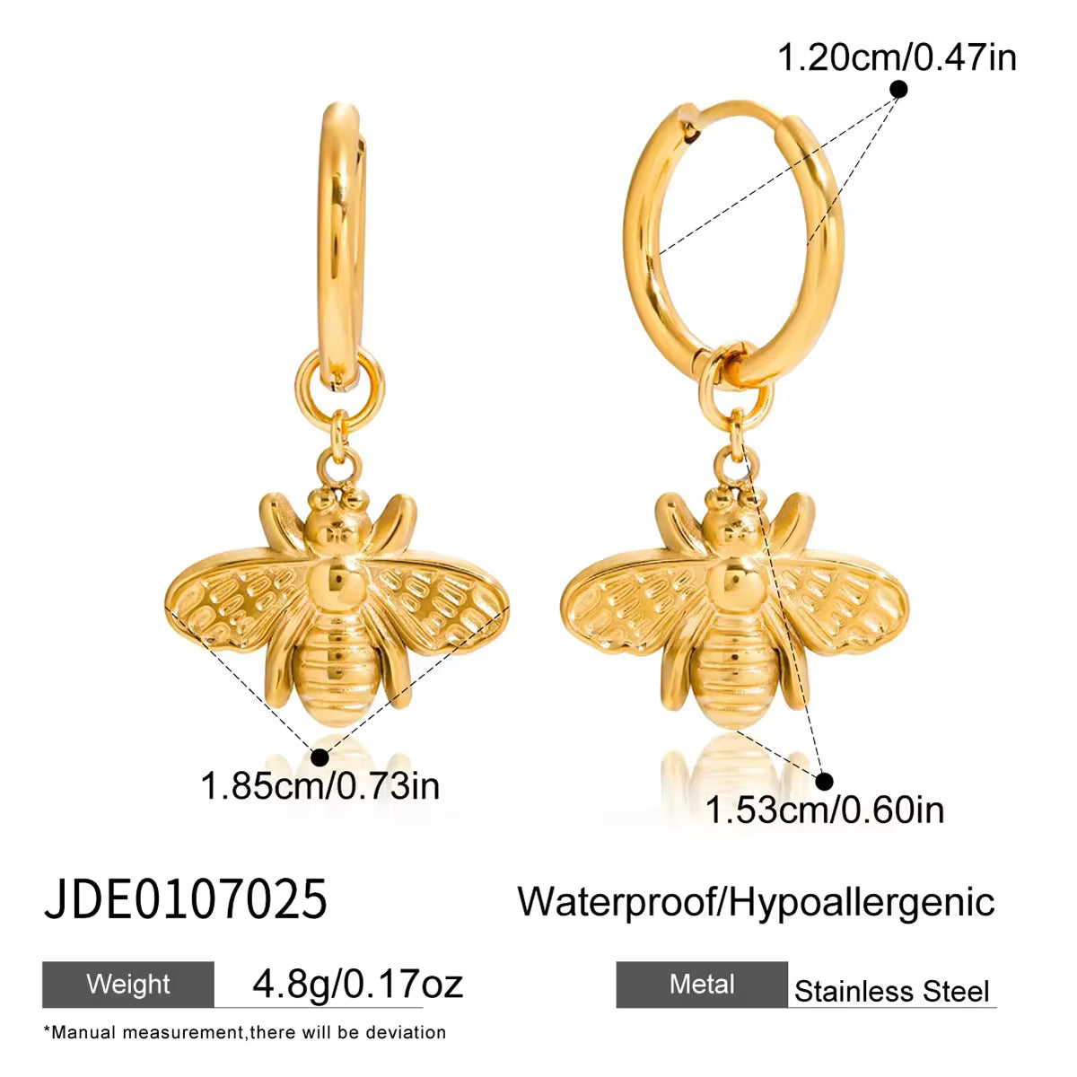 Sage gold huggie earrings with bee charm, size and dimensions