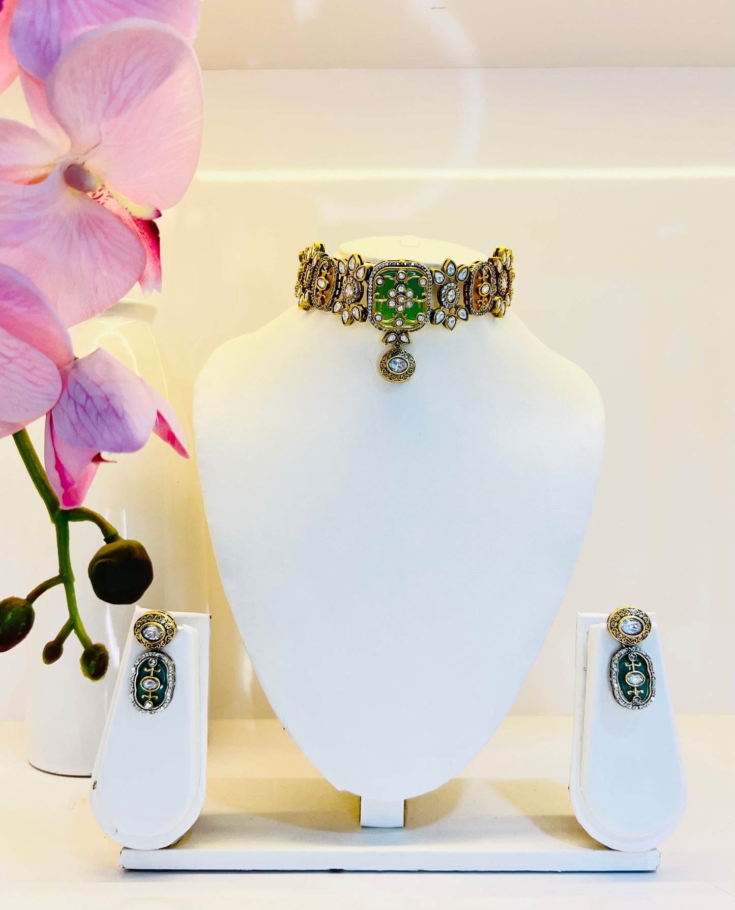 Katrina Polki Kundan Necklace (Mint & Pink)