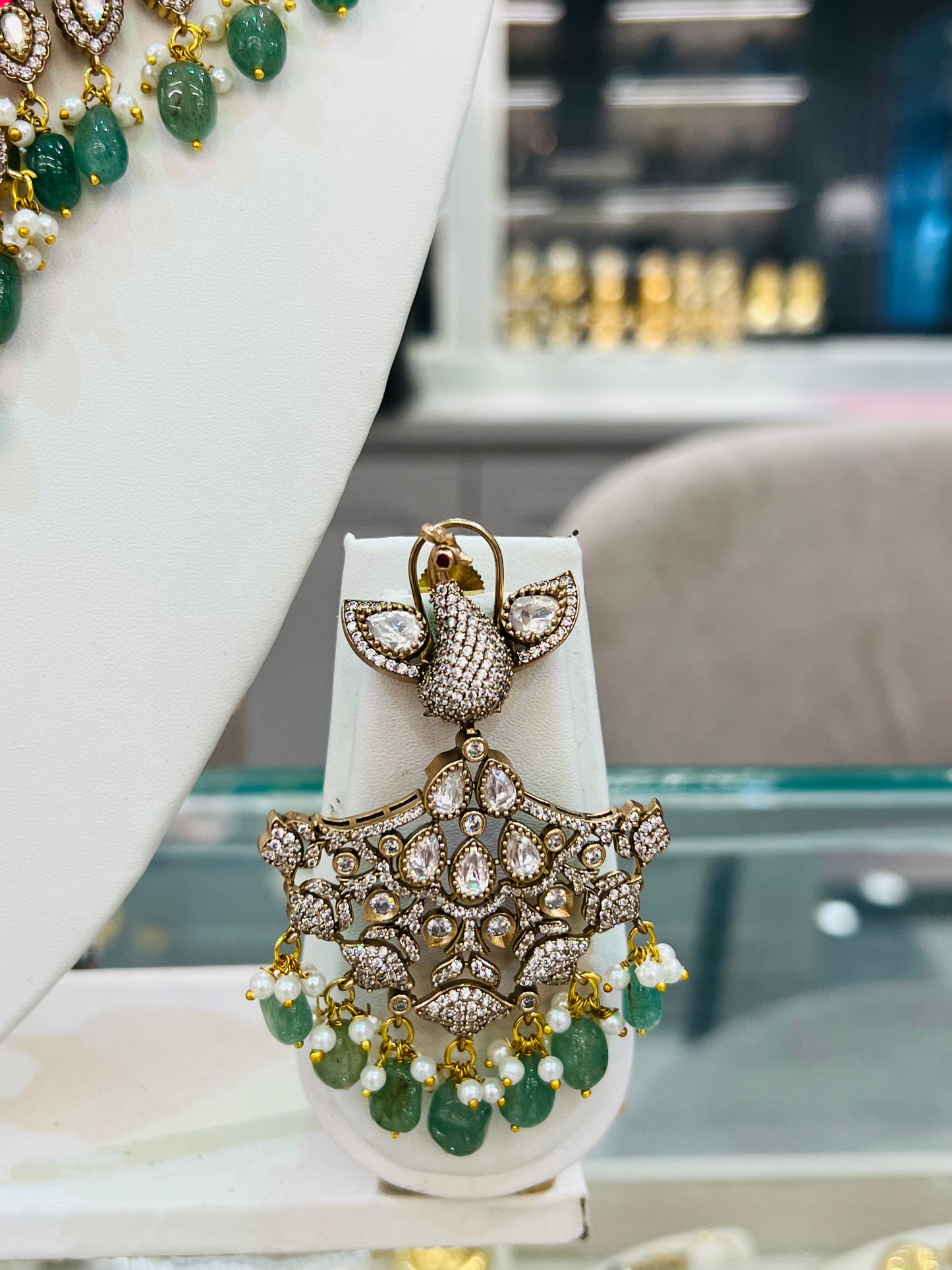 Amrapali Peacock Polki Necklace with Earrings (Mint & Pink)