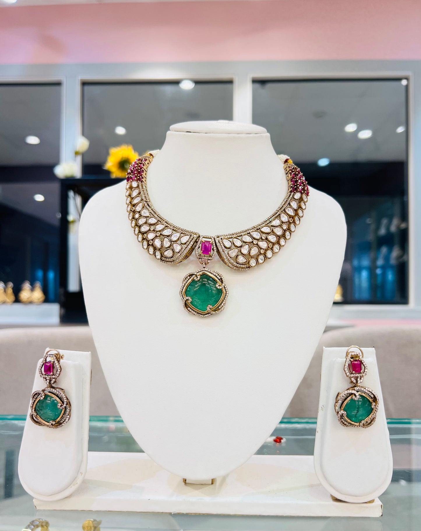 Vasantika Collar Polki Necklace with Earrings (Mint & Pink)