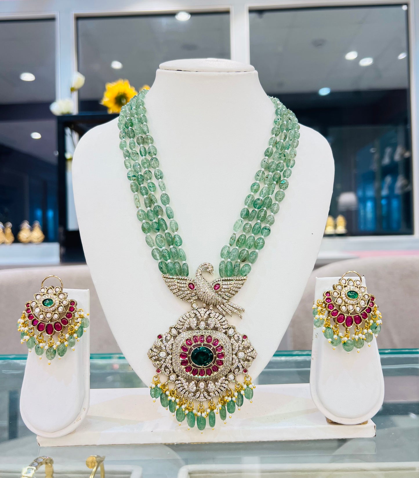 Chitrangada Royal Polki Necklace with Earrings (Mint & Pink)