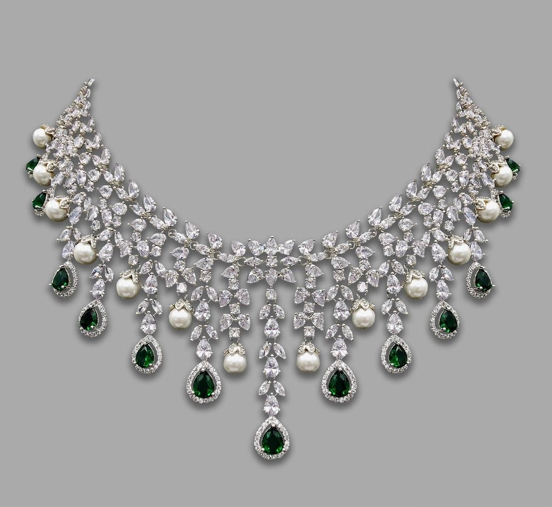 Radiance Diamond Necklace with Pearl Drops (Green)