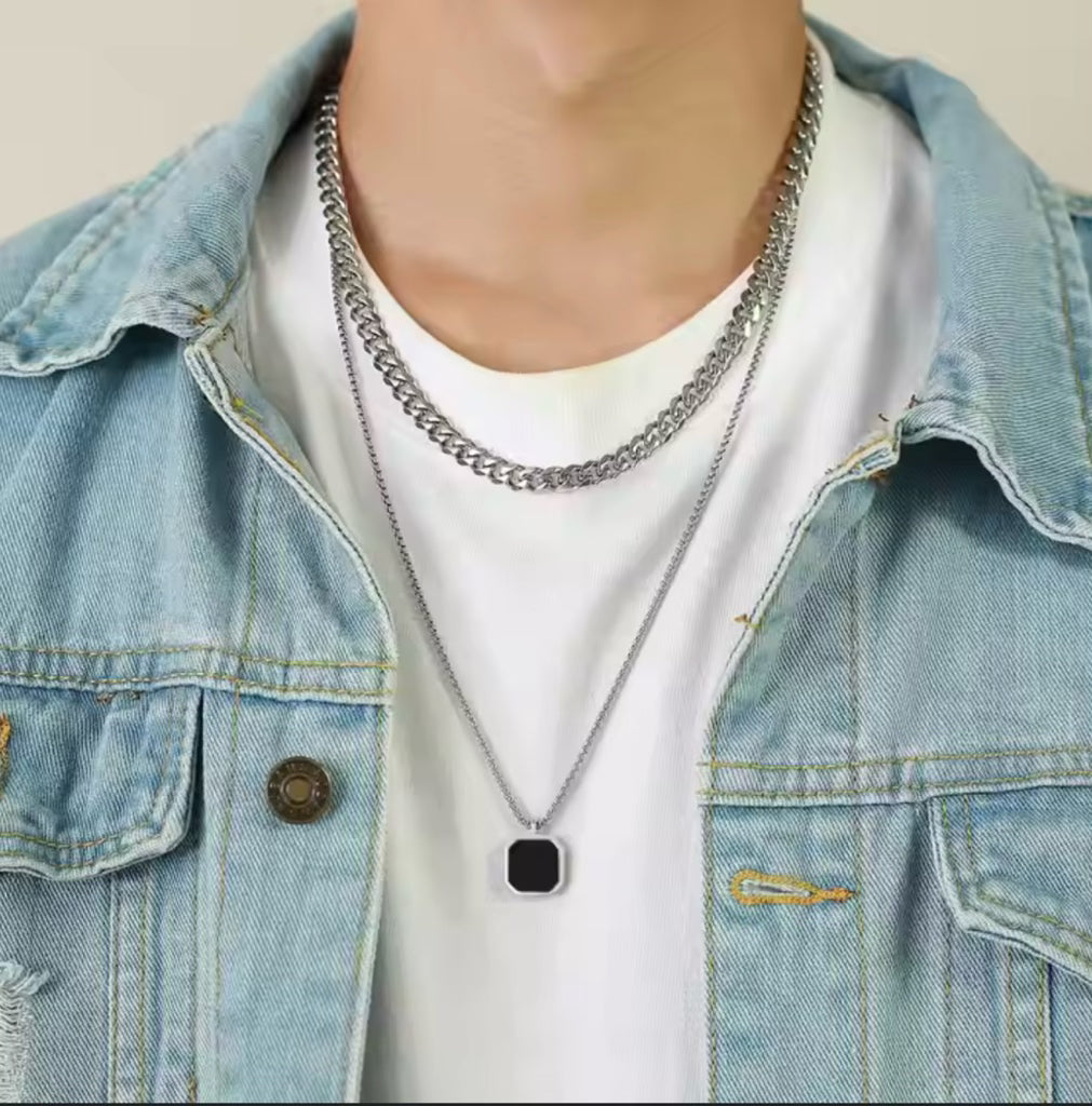 Giza Dual Silver Chains with Black Pendant for Men