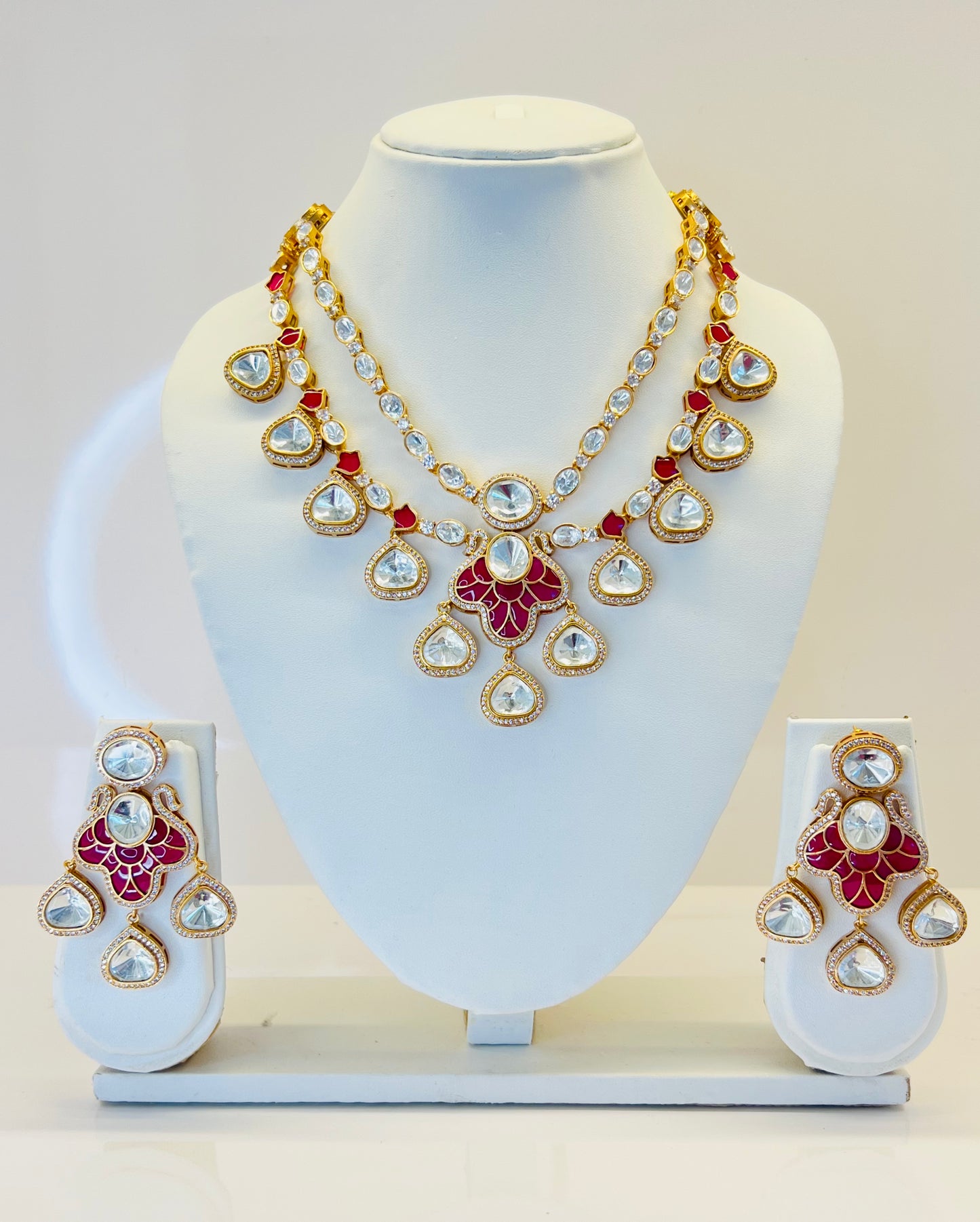 Florence Polki Victorian Necklace set with Earrings (Pink)