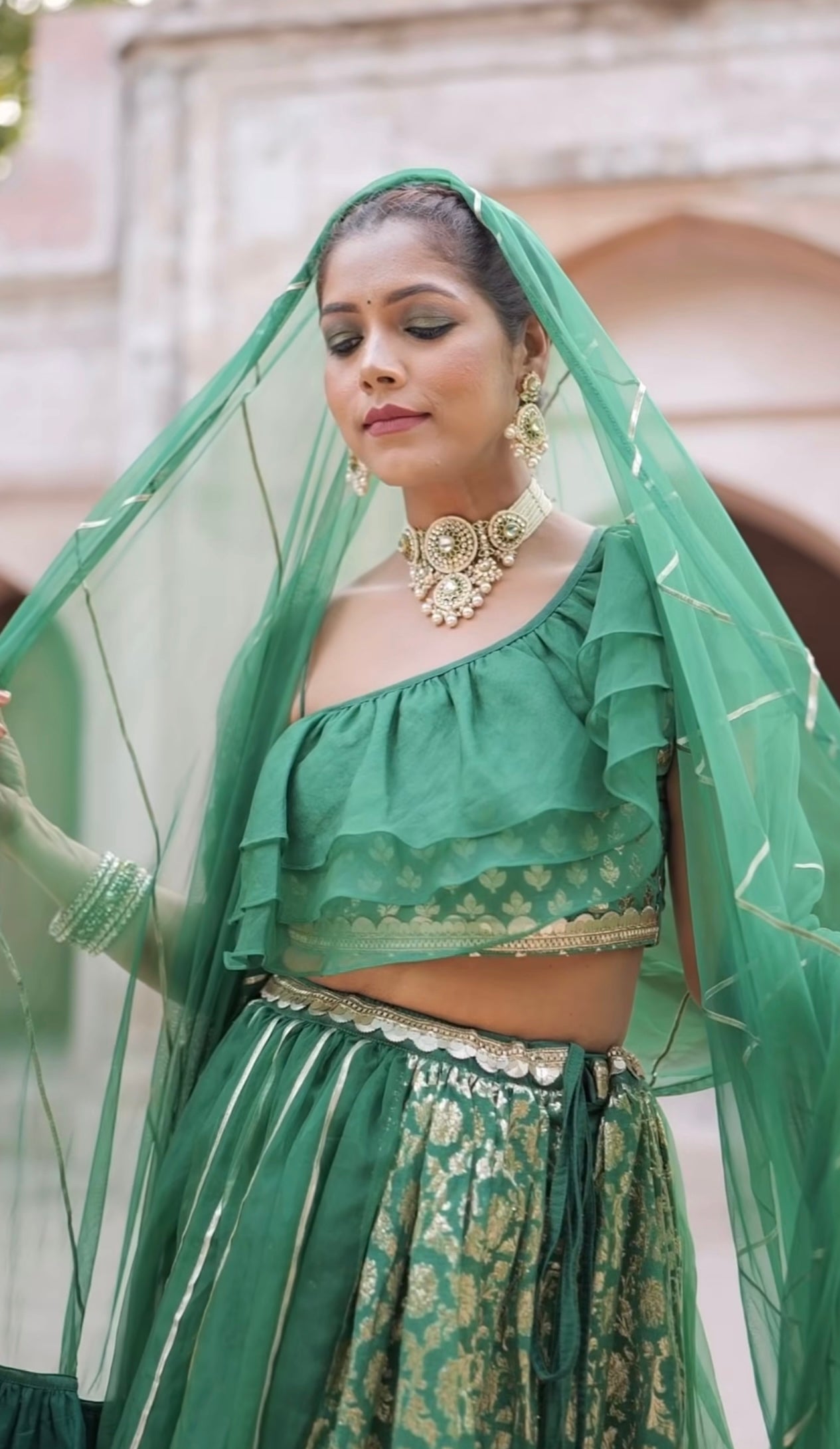 Natya Choker Set with Earrings and Maangtika (Green)