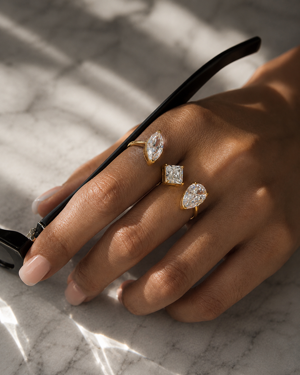 Trisha gold open ring with pear, square and marquise clear stones, view 5