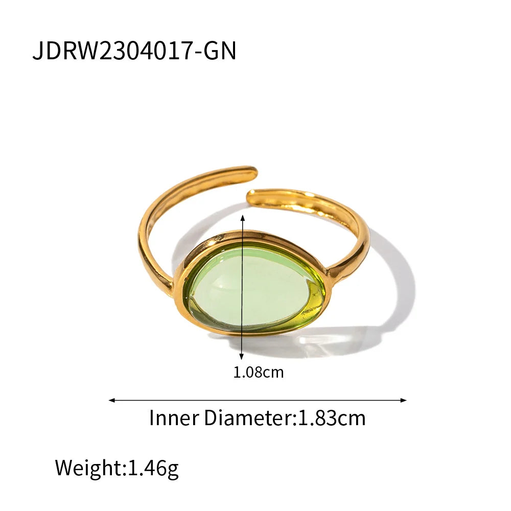 Hazel slim gold open ring with a green glass oval, view 2