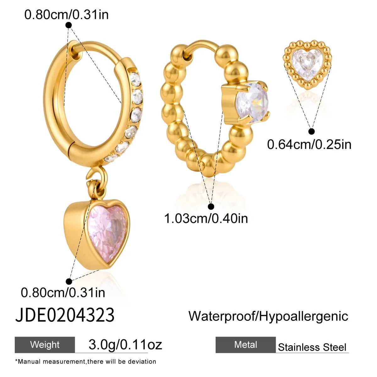 Delilah gold heart earring set with beaded hoop, pink heart drop huggie and heart stud, size and dimensions