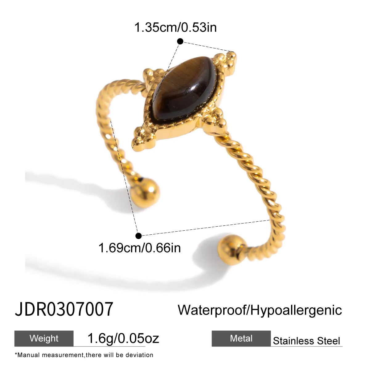 Zoe twisted gold ring with a brown marquise stone, view 2