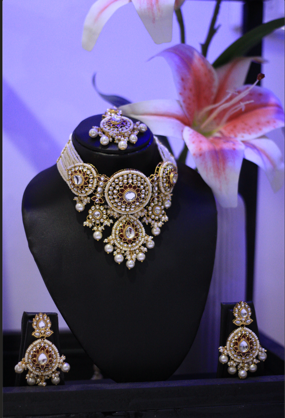 Rasa Choker Set with Earrings and Maangtika (Red)