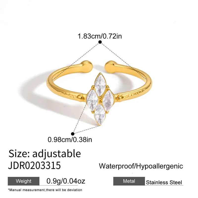 Caroline gold open ring with a diamond shaped marquise stone cluster, view 2