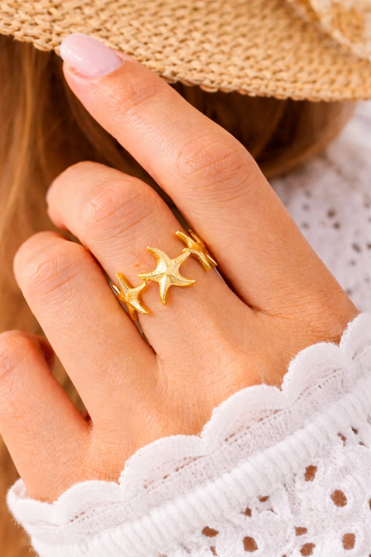 Nerissa gold ring with a cluster of textured starfish, view 4