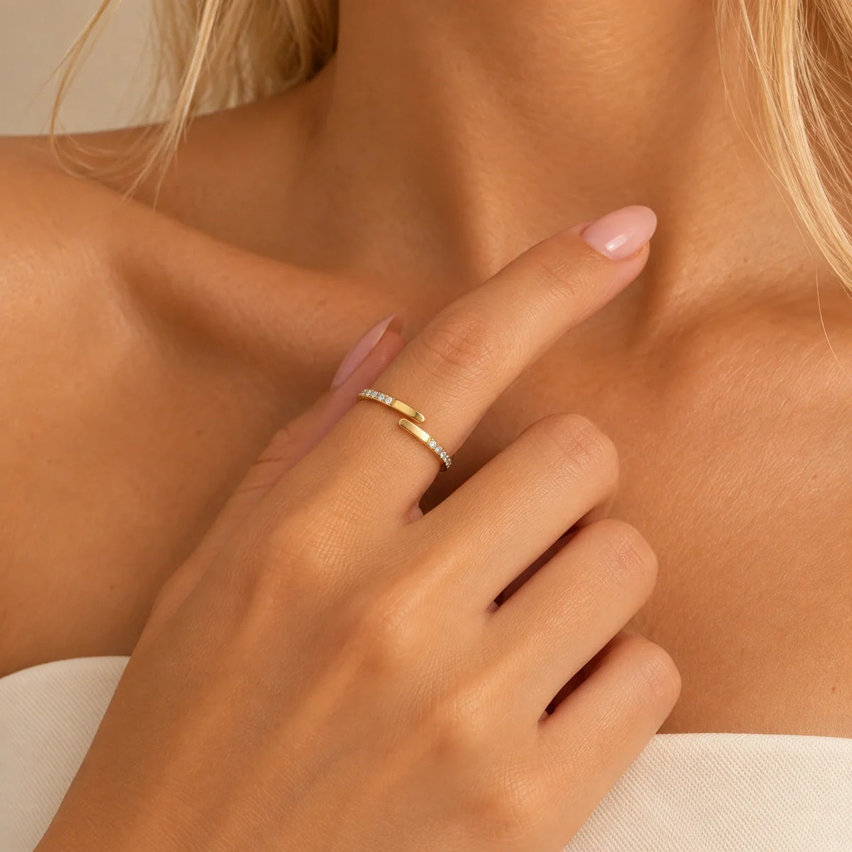 Hailey slim gold bypass ring with a pave band, view 4