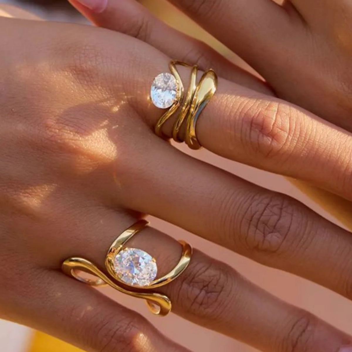 Delphine gold double wave band ring with an oval stone, view 4