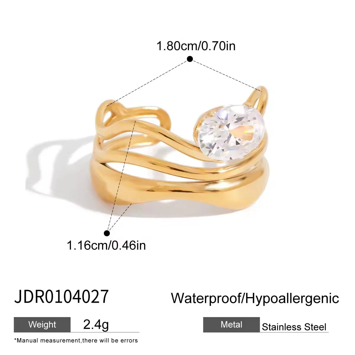 Delphine gold double wave band ring with an oval stone, view 2