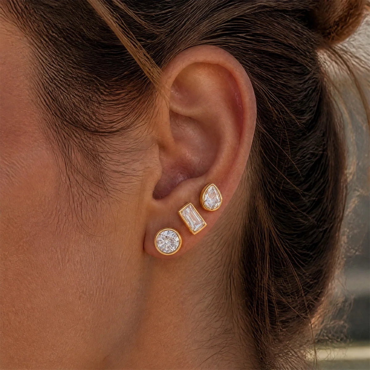 Harlow gold stud earring set with baguette, pear and round crystals, view 2