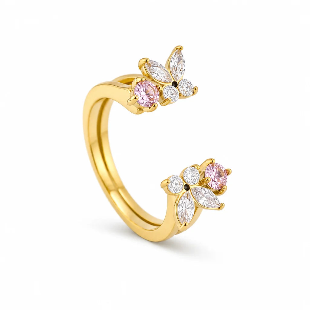 Felicity gold open ring with two butterflies in pink and clear stones