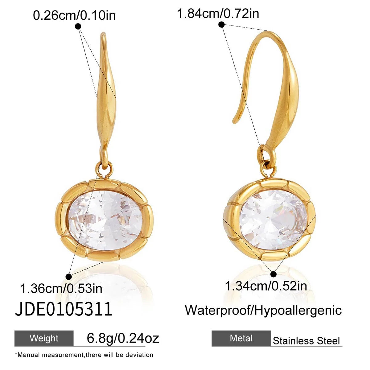 Vivienne gold hook earrings with framed oval crystal, size and dimensions