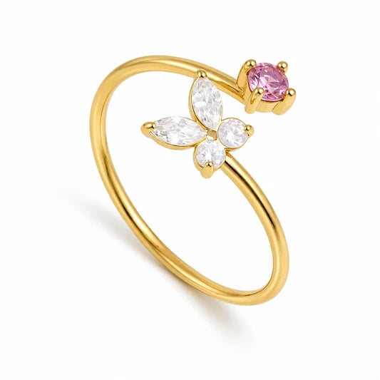 Mariposa gold open ring with a clear butterfly and a pink stone