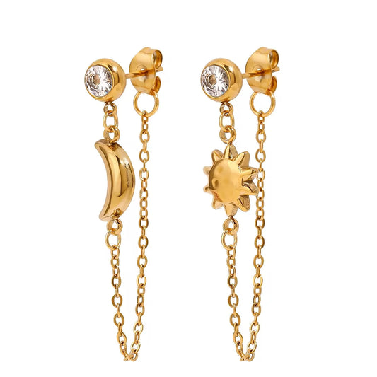Lorna gold crystal stud earrings with moon and sun chain drops