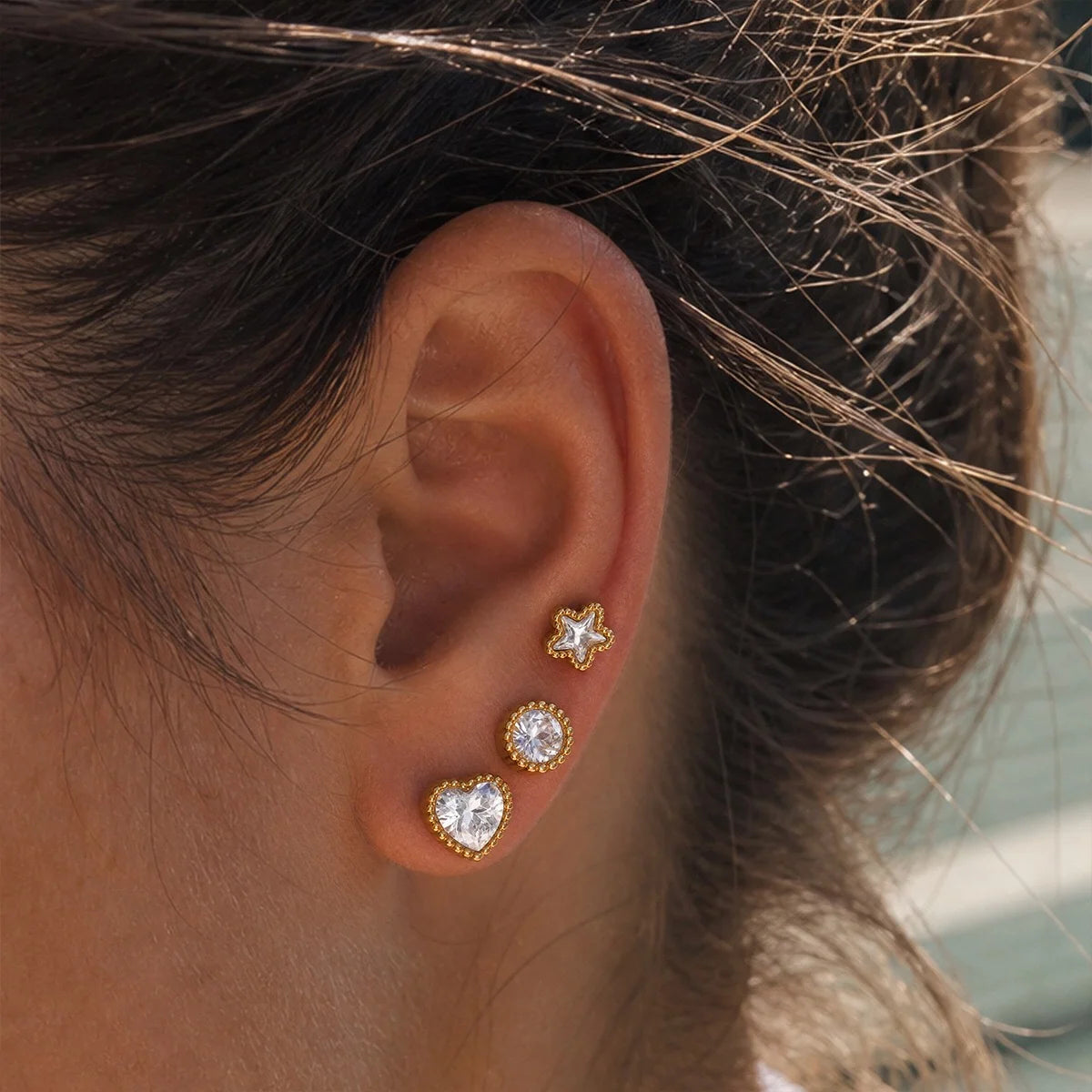 Millie gold stud earring set with heart, round and star crystals in beaded bezels, view 2